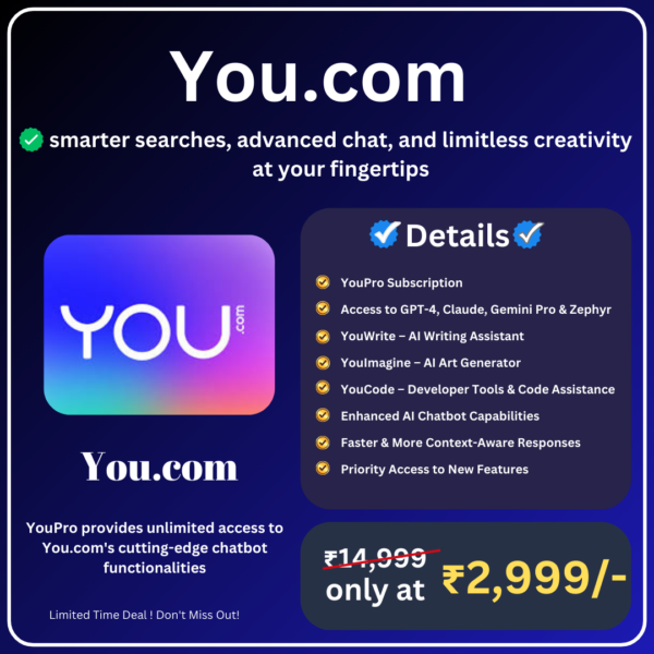 Promotional banner for You.com Pro Subscription offering advanced AI tools like GPT-4, Claude, Gemini Pro, and more at ₹2,999